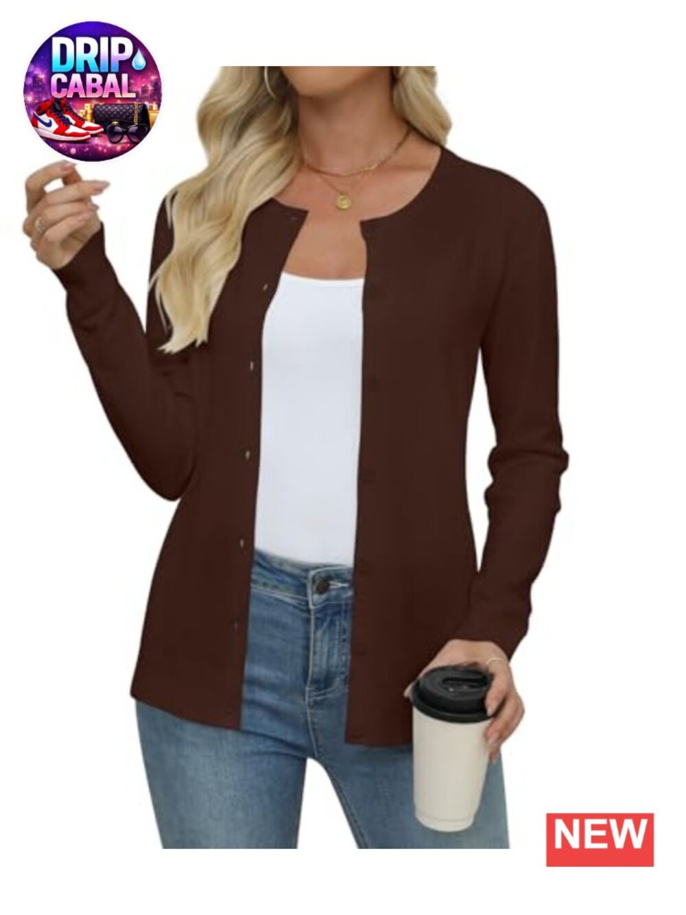 Womens Crew Neck Button Front Knit Cardigan Long Sleeve Sweater